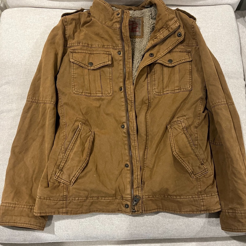 Size S Levi's Mens Brown Washed Cotton Sherpa Lining Snap Zip‎ Up Trucker Jacket